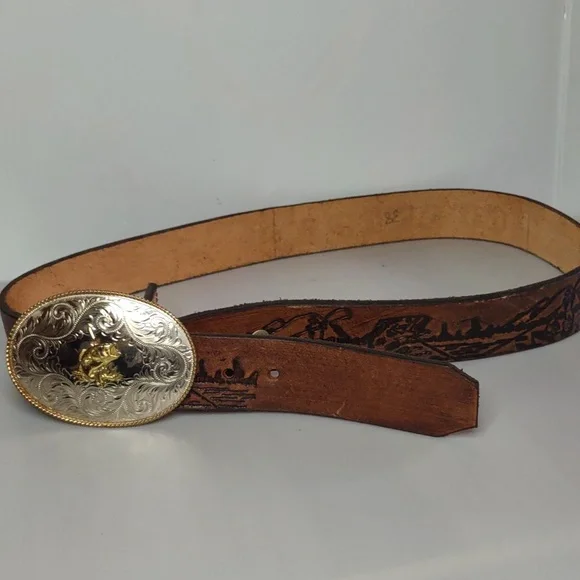 MONTANA SILVERSMITHS western leather belt Grandpa embossed buckle removable - Picture 8 of 12